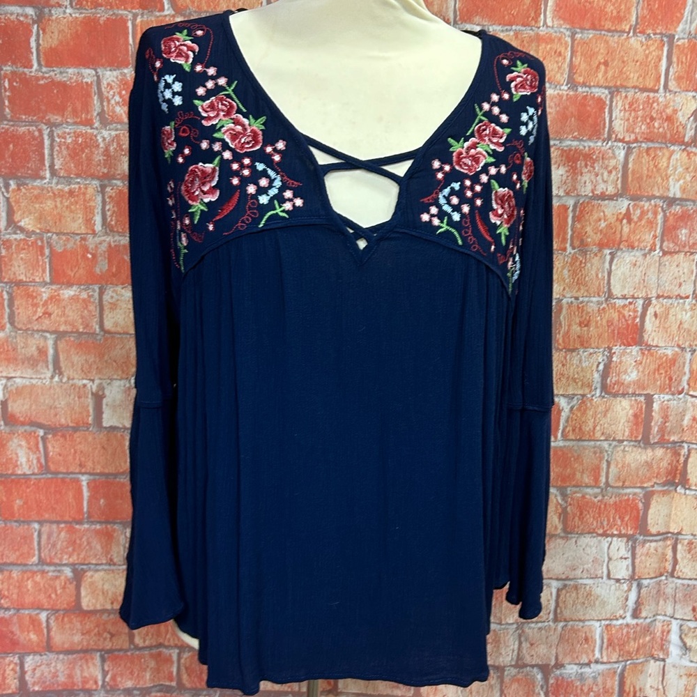 Miss Me Embroidered Crinkle Gauze Bell Sleeve Top